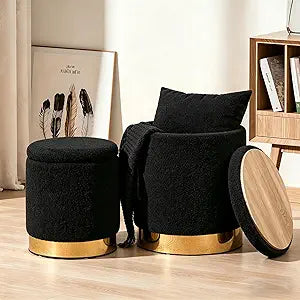 Round Ottoman with Storage Set of 2 Vanity Stool Foot Rest with Removable Lid for Bedroom Black Sherpa Storage Ottoman Stool for Living Room and Dorm Space Saving Assembly Free(Sherpa Black)