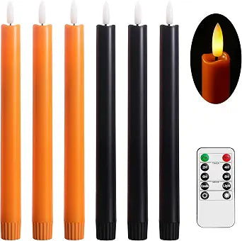 Stmarry Orange and Black Flameless Taper Candles with Remote - 10 Inch LED Candlesticks Flickering, Realistic 3D Flame with Wick, Warm White Light, Home Halloween Decor, Timer - Set of 6