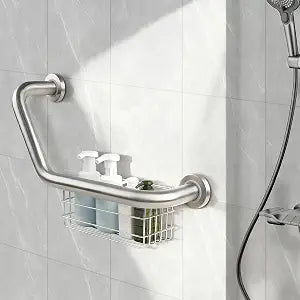 FSA Eligible, Upgrade 16 inch Angled Grab Bar with Storage Basket, Handicap Grab Bar for Elderly, Stainless Steel, Grab Bars for Shower, Bathroom Mobility Aid, Heavy Duty 550lbs Support