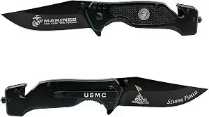 Military Gift Shop USMC Tactical Folding Knife 3.5 Inch Blade-Hunting, Rescue Gift for Marines, Black