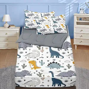 Nesker Zipper Bedding Twin Cute Dinosaur Zip Up Bedding Set for Boys and Kids, Blue Grey Yellow Dino 3 Pcs Comforter Bed in a Bag with Fitted Sheet and 2 Pcs Pillowcases
