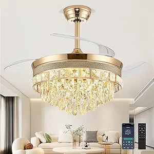 48 Inch Chandelier Ceiling Fans with Lights, Retractable Ceiling Fan with Lights, Crystal Fandelier Ceiling Fan for Bedroom Living Room, LED Dimmable, 6 Wind Speed,3 Color Temperatures-Gold