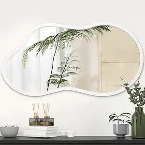 AAZZKANG Irregular Wall Mirror Wooden Large 22"x12" Decorative Hanging Mirrors Asymmetrical for Bedroom Dressing Room Living Room Bathroom Entryway White