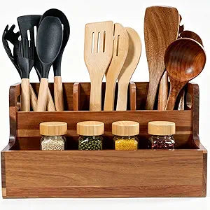 Kitchen Utensil Holder for Countertop with 4 Compartments Acacia Large Utensil Holder Wooden Storage for Cooking,Baking,Flatware Tool Kitchen Utensil Organizer. .