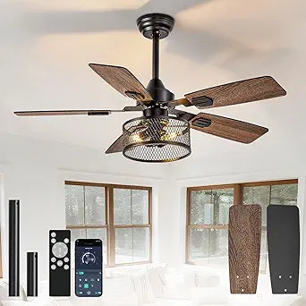 DINGLILIGHTING Bedroom Ceiling Fan with Light: 42 Inch Ceiling Fan Dual-Sided 5 Blade 6 Speed Reversible - Modern Farmhouse Fans with Remote and App for Bedroom Living Room Outdoor Porch, Black Walnut