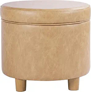 Homepop Home Decor | Upholstered Round Storage Ottoman | Ottoman with Storage for Living Room & Bedroom, Sand Faux Leather