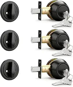 Gobrico Black Keyed Alike Single Cylinder Deadbolts Door Locks Round Keyed One Side Combo Door Locksets with Same Key for Exterior or Interior Doors 3 Pack