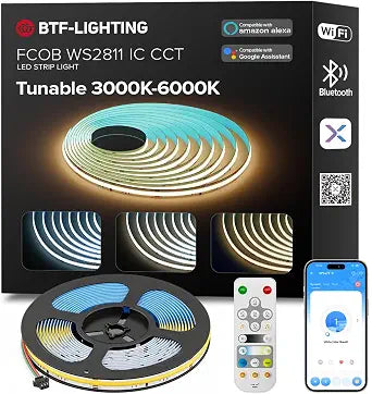 BTF-LIGHTING Addressable 3000K-6000K CCT COB LED Strip Light Kit 16.4ft,WS2811 IC Chasing White Light,Bluetooth WiFi Controller Support Alexa/Google Home for Cabinet Kitchen Mirror Office DIY Lighting