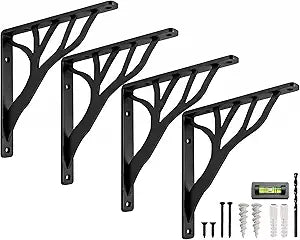 Rustic Tree Black Heavy Duty Shelf Brackets 10 inch by Balin Designs, Decorative L Brackets, Iron Metal Floating Shelf Bracket, Wall Mount Shelving Bracket, Included Hardware, Set of 4