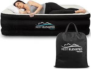 RestElevated Luxury Pillow Top Full Size Air Mattress with Built in Pump | 20" Raised Height with Coil Beam Support | Adjustable Blow Up Air Bed | for Home, Guests and Camping [Black with Cream Top]