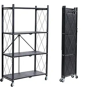BRIAN & DANY 4-Tier Foldable Storage Shelves with Wheels, Folding Metal Rack Shelving Unit, Heavy Duty No Assembly Organizer Shelf for Garage, Kitchen, Basement, Pantry, Black