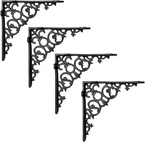 NACH Decorative Shelf Brackets, 4 Pack of 8 x 1.6 x 8 inch, Black Cast Iron Shelf Support Bracket - Metal Shelf Brackets for Wall - Victorian Shelf Bracket