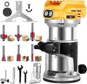 bellaDimora Cordless Trim Router Compatible with DeWalt 20V MAX Battery, 800W Brushless Motor 30,000RPM 6-Speed, with Edge Guide Dust Hood & 6 Router Bits(No Battery)