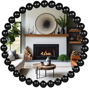 24 Inch Round Wall Mirror Black Decorative Wall Mirror with Wood Beads  Decorative Circle Beaded Mirror for Bathroom, Living Room, Entryway, Bedroom and Modern Farmhouse Wall Decor (Black)