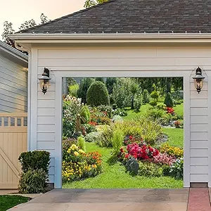 Leyiyi 7x8ft Garden Garage Door Decoration Banner Spring Summer Park Colorful Flowers Green Plants Grassland Garden Nature Scenery Garage Backdrop for Tea Party Indoor Outdoor Wall Door House Decor