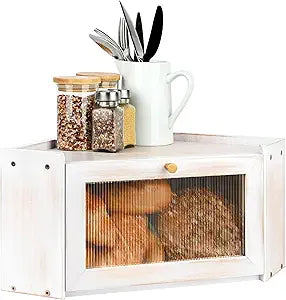 Vintage Coner Bread Box for Kitchen Countertop, Bamboo Bread Storage Container, Breadbox for Homemade Bread, Large Capacity Bread Bin(White)