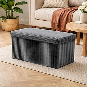 Cinnvoice 30'' Storage Ottoman for Couch Pouf Storage Foot Rest Gray Foot Stools Plush Corduroy Foldable Ottoman Sectional Couch for Living Room