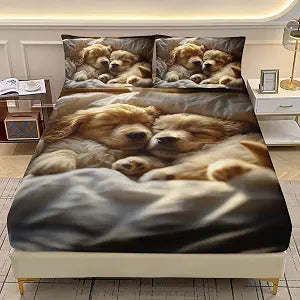 AILONEN 3D Golden Retriever Puppy Fitted Sheet Set for Kids,Girls Bedroom Decor,Sleeping Dogs Bedding Set Twin Size,Lovely Pet Animal Bed Sheet Set,3-Piece, 1 Sheet Set and 2 Pillowcases