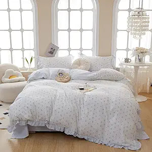 HighBuy Ruffle Comforter Set Twin XL White Blue Floral Comforter Coquette Lace Floral Bedding Set Soft Striped Bedding Comforter Set 1 Lightweight Cottagecore Comforter with 2 Pillowcases