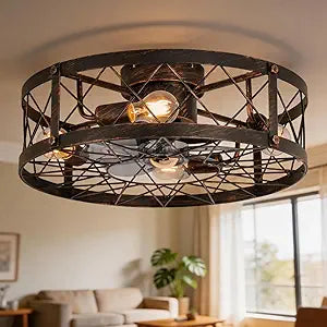 20" Farmhouse Flush Mount Caged Ceiling Fan with Lights and Remote, Rustic Low Profile Fandelier, Quiet 6 Speeds Reversible Enclosed Bladeless Small Ceiling Fans for Bedroom Living Room Kitchen