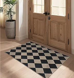 Rugalia Easy Jute Checkered Entryway Rug, 2.6x4 Black Modern Indoor Outdoor Doormat, Washable Non-Slip Neutral Kitchen Rug Farmhouse Diamond Throw Rugs for Entrance Bedroom Bathroom