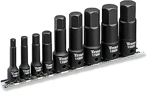 Titan 49011 9-Piece Impact Metric Hex Bit Socket Set, Sizes 6mm thru 19mm, S2 and 6150 Alloy Steel, Extra-long Design for Greater Reach and Access, Metal Storage Rail