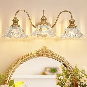 Vintage Bathroom Vanity Light Fixture,3 Lights Gold Bathroom Light with Floral Transparent Glass Shades,Antique Wall Sconces for Living Room,Bedroom,Dining Room,Dressing Table,Over Mirror