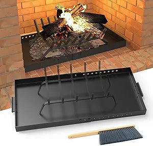 GCGOODS Fireplace Tray with Handles, Expandable Ember Holder Fireplace Pan with 13 Inch Front to Back, Adjustable Ash Pan for Ash Collection, Brush Included for Easy Cleaning, Black, Rectangle