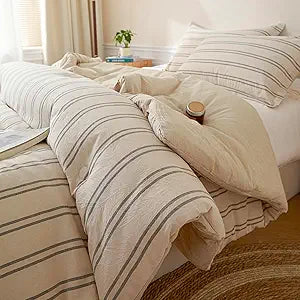 Cyusri Cotton Stripe Full Comforter Set - Soft Lightweight Bedding 3 Pieces Dyed Bed Set with 2 Pillow Shams,Reversible All Season Farmhouse Down Alternative(Full Size 80"x90" Beige)