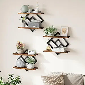ELYKEN Floating Shelves for Wall, Set of 3 Hanging Shelves, 2-Tier Wall Mounted Storage Shelves for Books & Decor, Perfect for Living Room, Bedroom, Kitchen, Home Office, Study, Rustic Brown