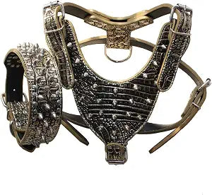 PU Leather Spiked Studded Dog Collars, Harnesses 2Pcs Matching Set for Medium & Large Dogs Pit Bull,Mastiff, Boxer, Bull Terrier (Studs Gold Brown, M)