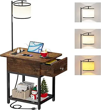 runjuly Floor Lamp with Table, Side Table with Lamp Attached, Narrow End Table with LED Lights and Charging Station, Nightstand with Wood Drawer for Living Room, Bedroom, Rustic Brown