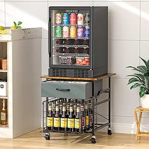 Mini Fridge Stand, Heavy-Duty End Table Fridge Table with Storage, Small Refrigerator Stand with Rolling Wheels for Dorm, Kitchen,Pantry