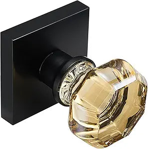 Champagne Gold Crystal Door Knob with Matte Black Square Rosette  Elegant Octagonal Privacy Handle Set for Bedroom, Bathroom, Closet  Vintage Glass Interior Door Lock for Home Decor