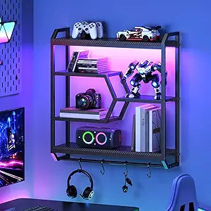 HOOBRO Gaming Floating Shelf with LED Lights, 27.5" LED Wall Mounted Shelf with Hanging Rod & 4 S-Hooks, 4-Tier Hanging Display Rack, for Living Room, Gaming Room, Black BB71DBJ01