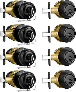 Plustool 4 Pack Front Door Lock Set,Matte Black Exterior Door Lock Set with Deadbolt,Single Cylinder Deadbolt Lock and Door Knob Set,Keyed Alike Door Knob with Lock&Keys,Round Ball Entry Door Lockset