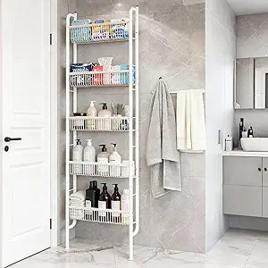 Saiveina Behind The Door Storage 5 Tiers Behind Door Shelf, Space-Saving Bathroom Door Shelf, Metal Shelf for Kitchen Bathroom Living Room, Off-White