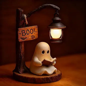 Halloween Figurine Lamps, Cute Ghost Lamp Statue Night Light with Ghost Reading Book Designs, Indoor Party Decor Halloween Lamp for Home Table Room Kitchen Office Indoor Decorations