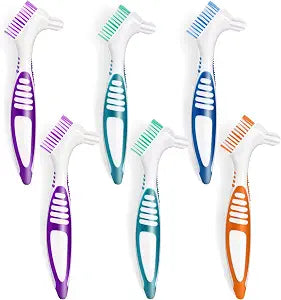 TaShow 6 Pcs Denture Brush Set for False Teeth, Denture Toothbrushes with Double Sided Design, Denture Cleaning Brush with Multi-Layered Soft Bristles and Rubber Anti-Slip Handle, 4 Colors