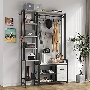 Hall Tree for Entryway 43", Bench with Shoe Storage, Large Coat Rack Shoe Bench with 5 Tier Shelves, 5 in 1 Design Front Door Shoe Rack and Wall Rack Hooks, and 2 Drawers (Rustic White)