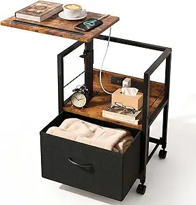 Faesun Swivel Lift Top Nightstand with Charging Station, Rolling Side Table for Recliner, Bedside Table with Wheels & a Fabric Drawer, for Small Spaces, for Bedroom, Living Room, Brown Black