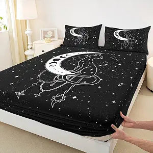 Bohemian Moon Star Fitted Sheet,Full Size Galaxy Starry Sky Black Collections,Mysterious Cat Bedding Deep Pocket for Children Teens Young with 2 Pillowcases