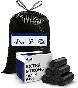 Plasticplace 13 gallon Extra Tall Drawstring Kitchen Trash Bags | Black 1.2 Mil, 24"W x 31"H (200Count)