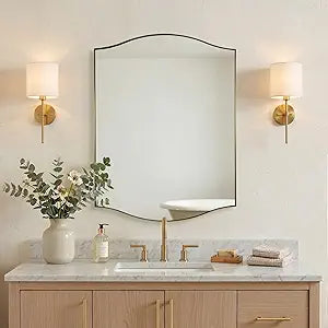 ANDY STAR Scalloped Bathroom Mirror24"x32" Gold Rectangle Wall Mirror with Curved Edge Stainless Steel Metal Frame, Brass Vanity Wall-Mounted Mirror for Bathroom, Entryway