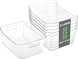 Tiawudi 6 Pack Plastic Storage Bins, Extra Large Pantry Organizer, 13.5" x 10" Clear Storage Containers and Organizer Bins, Multi-Use Bins for Home, Kitchen, Closet and Cabinet