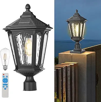 Black Solar Outdoor Post Light Fixture 21 inches Large Dusk to Dawn LED Pole Lamp Waterproof Exterior Pillar Lantern Post Lighting Remote Control for Pathway Garden Patio Gargae