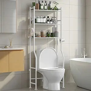 3-Tier Over The Toilet Storage Organizer, Space-Saving Bathroom Rack with Paper Holder & 4 Hooks, 64" Tall Freestanding Carbon Steel Shelf for Small Apartment Laundry Room (White)