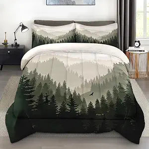Pamnest Comforter Set Queen Size, Mountain Pine Tree Forest 3 Pcs Soft Bedding Set for Kids and Adults Natural Landscape Comforter Set with 2 Pillowcases for Bedroom Bed Decor