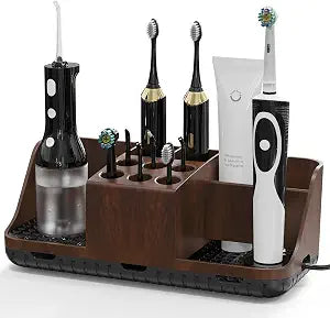Boperzi Bathroom Counter Organizer for Vanity & Sink Storage: Detachable Electric Toothbrush and Toothpaste Holder, Water Flosser Holder, Bathroom Decor and Accessories Organization Set(Walnut Black)