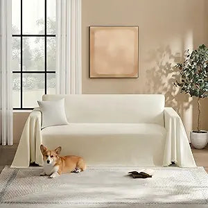 Couch Cover for Dogs Sectional Sofa Covers Washable for 3 Cushion Couch, Chenille Couch Cover Blanket, Sectional Sofa Slipcovers, Multi-Use Furniture Protector for Kids, Pets, 91" X150", Beige